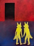 ambiguous_anthro ambiguous_gender anthro biped door faceless_anthro faceless_character fur plantigrade standing yellow_body yellow_fur meesh canid canine mammal 2025 hi_res oil_painting_(artwork) traditional_media_(artwork)