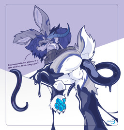 ambiguous_gender anthro antlers dialogue female horn infestation latex liquid_latex on_one_leg parasite paws rear_focus rear_view solo standing tentacles tired tired_eyes minze minze_aghevin jackalope lagomorph mammal blue_and_white hi_res monochrome