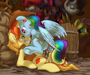 animal_genitalia animal_penis anus balls being_watched black_penis blonde_hair blue_body blue_eyes blue_feathers blue_fur bodily_fluids clothing cowboy_hat cowgirl_position cum cum_in_vagina cum_inside cutie_mark equine_genitalia equine_penis erection eye_contact feathered_wings feathers female feral freckles from_front_position fur genital_fluids genitals green_eyes group hair hat headgear headwear horn looking_at_another male male/female multicolored_hair multicolored_tail nude on_bottom on_top one_eye_closed outside penetration penis pink_body pink_fur pink_hair purple_eyes purple_hair rainbow_hair rainbow_tail sex straddling tail two_tone_hair vaginal vaginal_penetration vulva white_body white_fur wings yellow_body yellow_fur atryl friendship_is_magic hasbro my_little_pony mythology applejack_(mlp) braeburn_(mlp) fluttershy_(mlp) pinkie_pie_(mlp) rainbow_dash_(mlp) rarity_(mlp) twilight_sparkle_(mlp) earth_pony equid equine horse mammal mythological_creature mythological_equine pegasus pony unicorn 2012 digital_media_(artwork)