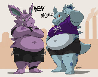 anthro anthrofied back_spikes barefoot belly big_belly black_clothing blue_body blue_ears blue_hair blue_horn blue_tail bottomwear bracelet clothing crop_top crossed_arms duo fangs feet female green_ears hair horn jewelry male multicolored_ears navel overweight purple_body purple_clothing purple_ears purple_horn red_eyes shirt shorts spiked_bracelet spikes spikes_(anatomy) tail teeth text topwear two_tone_ears two_tone_tail white_clothing dj-rodney nintendo pokemon generation_1_pokemon nidorina nidorino pokemon_(species) scalie 2026 character_name hi_res signature