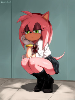 accessory anthro bottomwear bracelet clothing crouching eyelashes female footwear glistening gloves green_eyes hair hair_accessory hairband handwear jewelry pink_body pink_hair school_uniform shirt shoes skirt solo topwear uniform soranygyart sega sonic_the_hedgehog_(series) amy_rose eulipotyphlan hedgehog mammal 2025 3:4 hi_res