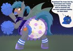 amber_eyes blue_diaper blush bottomwear cheerleader clothed clothing crown dialogue diaper diaper_fetish duo female feral grass grey_body hair headgear horn male membrane_(anatomy) membranous_wings night object_in_mouth pacifier pacifier_in_mouth pattern_diaper plant pom_poms ponytail pupils skirt slit_pupils star sweatband text tiara turquoise_hair turquoise_tail wearing_diaper white_diaper wings nineplusten friendship_is_magic hasbro my_little_pony mythology night_guard_(mlp) princess_luna_(mlp) royal_guard_(mlp) bat_pony equid equine mammal mythological_creature mythological_equine unicorn english_text hi_res