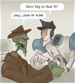 clothing dialogue duo hat headgear headwear machine male melting_flesh not_furry speech_bubble text umichill glitch_productions the_gaslight_district diligence_(the_gaslight_district) mud_(the_gaslight_district) humanoid robot robot_humanoid undead zombie english_text hi_res