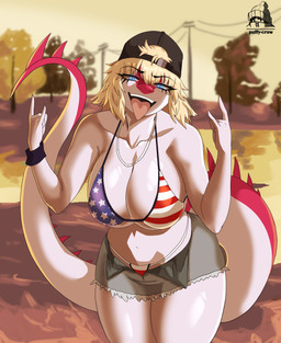 american_flag_bikini anthro big_breasts bikini biped blonde_hair blue_eyes bottomwear breasts clothed clothed_anthro clothed_female clothing day devil_horns_(gesture) female fingers flag_bikini flag_swimwear front_view gesture hair hand_gesture hotpants humanoid_hands jewelry logo long_hair long_tail looking_at_viewer necklace non-mammal_breasts outside pink_body pink_scales plant scales seductive shorts skimpy solo spiked_tail spikes spikes_(anatomy) standing swimwear tail text tongue tongue_out tree two-piece_swimsuit white_body white_scales puffycrow cavemanon_studios grand_theft_auto_vi i_wani_hug_that_gator mia_moretti dinosaur hadrosaurid ornithischian ornithopod parasaurolophus prehistoric_species reptile scalie 2025 absurd_res artist_logo artist_name colored hi_res portrait shaded three-quarter_portrait