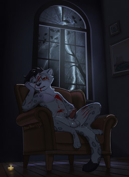 anthro blood bodily_fluids candle electricity erection fur grey_body grey_fur lightning lit_candle male markings solo spots spotted_body spotted_fur text window wounded pawprincess milo_(depressedlgbtkiwi) felid feline mammal pantherine snow_leopard absurd_res english_text hi_res