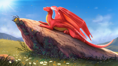 belly claws dewclaw digitigrade feral finger_claws flower grass horn lying male membrane_(anatomy) membranous_wings on_front plant red_body red_scales red_wings rock scales scutes sky solo summer sun sunbathing tail tapering_tail toe_claws white_claws white_horn wings yellow_belly kayllek european_mythology mythology zetralth dragon mythological_creature mythological_scalie scalie western_dragon absurd_res digital_media_(artwork) hi_res huge_filesize