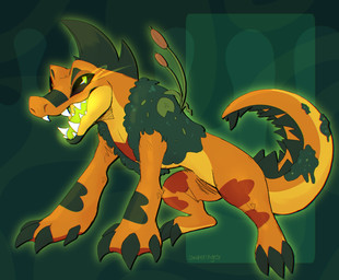 all_fours anthro black_claws black_sclera cattail_(plant) claws glowing glowing_tongue green_eyes green_tongue male moss open_mouth orange_body orange_scales plant scales snout solo tail teeth tongue jaspering crocodilian reptile scalie 2025 clip_studio_paint_(artwork) digital_drawing_(artwork) digital_media_(artwork) full-length_portrait hi_res portrait shaded