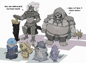 anthro armor belly biped blep candy dessert food fur grey_body grey_fur group headgear helmet humor lollipop male melee_weapon overweight square_crossover sword text tongue tongue_out weapon eruprior elden_ring fromsoftware blaidd_(elden_ring) gurranq_(elden_ring) maliketh_(elden_ring) tarnished_(elden_ring) canid canine canis human mammal wolf 2022 absurd_res english_text hi_res