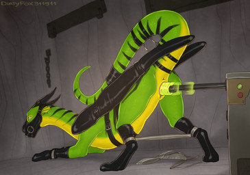 anus bdsm bondage bondage_gear bound chastity_belt chastity_device clothing dildo dildo_in_vagina dildo_insertion female female_feral feral fucking_machine gag gagged genitals gloves green_body green_scales handwear horn latex latex_clothing latex_gloves latex_handwear latex_legwear legwear machine markings mask penetration raised_tail scales sex_toy sex_toy_in_vagina sex_toy_insertion solo striped_markings stripes tail tail_tied vaginal vaginal_penetration vulva wingbinders dirtyfox911911 mythology adhara dragon mythological_creature mythological_scalie scalie