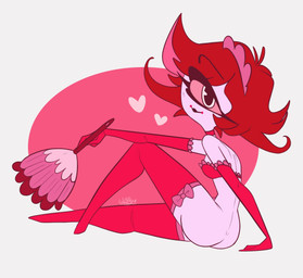 1_eye breasts butt clothed clothing female hair holding_object partially_clothed red_hair sitting smile solo whiteartblood hazbin_hotel hellaverse niffty_(hazbin_hotel) cyclops demon humanoid hi_res