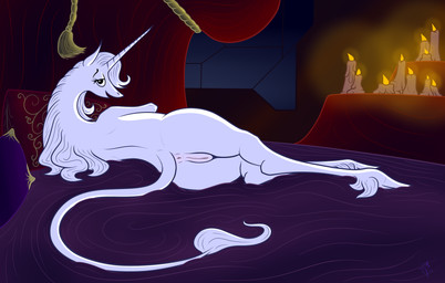 animal_genitalia animal_vulva anus bed bedroom_eyes butt candle equine_genitalia equine_vulva female feral fur furniture genitals half-closed_eyes horn narrowed_eyes pillow presenting presenting_anus presenting_hindquarters presenting_vulva seductive smile solo tail tail_aside vulva white_body white_fur unknown_artist mythology phoebe_and_her_unicorn marigold_(heavenly_nostrils) classical_unicorn equid equine mammal mythological_creature mythological_equine unicorn 2017 hi_res