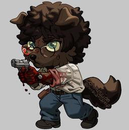 action_pose anthro blood blood_drip blood_on_face blood_on_hand blue_eyes bodily_fluids bottomwear brown_hair cheek_tuft chibi clock clothing denim denim_bottomwear denim_clothing dripping eyebrows eyewear facial_tuft floppy_ears fluffy fluffy_tail footwear glasses gun hair handgun holding_gun holding_object holding_ranged_weapon holding_weapon jeans long_sleeve_shirt long_tail male pants pistol pose ranged_weapon shoes short_hair simple_background snout sweat sweatdrop tail thick_eyebrows tuft watch weapon wearing_glasses wristwatch ddcrushh unnamed_character canid canine mammal digital_drawing_(artwork) digital_media_(artwork) watermark