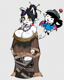 ambiguous_gender anthro big_breasts black_eyes black_eyeshadow black_hair breasts brown_clothing brown_dress cleavage cleavage_overflow clothed clothing cosplay crossover_cosplay dress duo eyelashes eyeshadow female front_view fur grey_background hair highlights_(coloring) huge_breasts jewelry looking_at_viewer makeup mole_under_mouth necklace pink_highlights pink_nose ring short_hair simple_background thick_thighs white_body white_fur wide_hips yellow_sclera majuv deltarune final_fantasy final_fantasy_x square_enix undertale undertale_(series) catti_cattenheimer lulu_(final_fantasy) temmie_(undertale) tem crossover hi_res