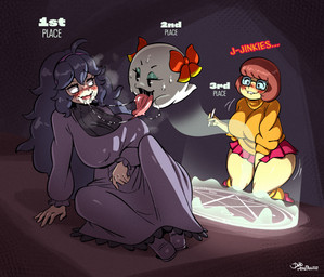 after_kiss big_breasts biped bite biting_lip biting_own_lip blush bodily_fluids bottomwear breasts brown_hair clothed clothing dress eyelashes eyewear female female/female fingering fingering_self glasses group hair kneeling larger_female long_hair magic magic_circle masturbation pupils saliva saliva_string self_bite size_difference skirt smaller_female smile thick_thighs trio joaoppereiraus hanna-barbera mario_bros nintendo paper_mario pokemon scooby-doo_(series) hex_maniac lady_bow velma_dinkley boo_(mario) human mammal 2025 crossover hi_res