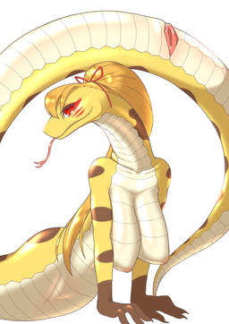 animal_genitalia apode areola big_breasts breasts cloaca female genitals hair legless looking_at_viewer nude scales serpentine simple_background solo tongue white_background yellow_body glin720 draconcopode reptile scalie snake hi_res