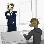 anthro clothing duo fangs inside interrogation interrogation_room male markings paper pose suit teeth fuze luis_(fuze) wolfgang_(fuze) canid canine canis domestic_dog mammal 1:1 hi_res signature