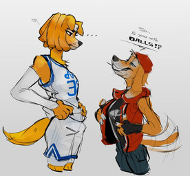anthro athletic_wear basketball_uniform bottomwear clothing confident confident_male dialogue dreadlocks duo ellipsis female fingerless_gloves flirting floppy_ears gloves gym_bottomwear gym_shorts hand_on_hip handwear happy hat headgear headwear height_theme jacket larger_female long_ears looking_at_another male neck_tuft shirt shorts simple_background size_difference smaller_male smile smiling_at_another sportswear t-shirt tail tail_motion tailwag text topwear tuft uniform unimpressed sumamiarts canid canine canis mammal english_text