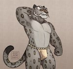 anthro asian_clothing bulge clothing curled_tail east_asian_clothing fundoshi fur fur_markings japanese_clothing looking_away male markings muscular raised_arm solo standing tail three-quarter_view underwear dickarmdaryl_(artist) dreamworks kung_fu_panda tai_lung_(kung_fu_panda) felid mammal pantherine snow_leopard