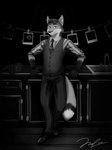 2022 3:4 5_fingers absurd_res anthro black_and_white black_arms black_ears camera canid canine clothed clothing creepy dark_room darkroom drawer dress_pants dress_shoes ear_tuft echo_(series) echo_project fingers fluffy fluffy_tail fox front_view hair hi_res james_foster leaning_on_counter looking_at_viewer male mammal monochrome monster murdoch_byrnes necktie ominous pattern_clothing pattern_shirt pattern_topwear photo red_fox seductive shirt signature sink smile smug solo standing striped_clothing striped_shirt striped_topwear stripes tail the_smoke_room topwear true_fox tuft vest whiskers