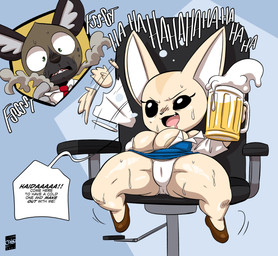 alcohol anthro areola areola_slip beer beverage big_breasts bodily_fluids breasts camel_toe chair clothed clothing dialogue disembodied_head drunk duo female footwear furniture male office_chair open_mouth panties shortstack shortstack_female sitting solo_focus speech_bubble substance_intoxication sweat swivel_chair text thick_thighs underwear joaoppereiraus aggretsuko sanrio fenneko haida_(aggretsuko) canid canine fennec_fox fox hyena mammal spotted_hyena true_fox 2021 digital_media_(artwork) english_text hi_res signature