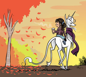 ambiguous_gender autumn bareback brown_hair clothed clothing container cup detailed_background duo female feral hair horn horseback_riding outside plant riding scarf size_difference sweater topwear tree dana_simpson mythology phoebe_and_her_unicorn marigold_(heavenly_nostrils) phoebe_(heavenly_nostrils) classical_unicorn equid equine human mammal mythological_creature mythological_equine unicorn
