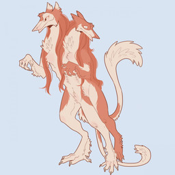 2_heads 2_tails 3_legs anthro blind blue_background conjoined crotch_tuft disability fur male multi_head multi_tail red_body red_fur simple_background solo standing tail tan_body tan_fur tuft hamham_gd futago_and_antifutago sergal 1:1 hi_res