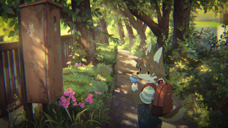 anthro backpack clothing food kemono looking_back male outside overalls pattern_clothing pattern_shirt pattern_topwear plant popsicle red_backpack shirt sidewalk solo striped_clothing striped_shirt striped_topwear stripes tongue tongue_out topwear tree young young_anthro young_male nishiko24 ookami_(nishiko24) canid canine canis mammal wolf 2024 hi_res japanese_description