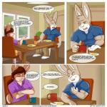 1:1 2015 aaron_(artist) anthro biceps blue_eyes border bottomwear brown_body brown_fur brown_hair chair chest_tuft clothed clothing comic container crossed_arms cup dialogue duo english_text eyes_closed female flower food footwear fur furniture green_eyes hair hi_res inside lagomorph leporid male mammal mathew_porter muscular one_eye_closed open_mouth pants pink_nose plant ponytail rabbit rose_(aaron) sandals shirt sitting table teeth text tongue topwear tuft url white_body white_border white_fur