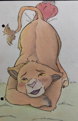 animal_genitalia blush bodily_fluids claws erection feral finger_claws fur genital_fluids genitals hair knot male male_penetrating nude open_mouth orange_body orange_fur penetration penis sex simple_background smile solo tail toe_claws tongue yellow_eyes young unknown_artist disney the_lion_king simba_(the_lion_king) felid lion mammal pantherine absurd_res hi_res traditional_media_(artwork)