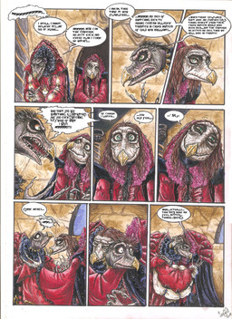 ambiguous_gender anthro beak clothed clothing dialogue duo elderly elderly_intersex fangs frustrated fully_clothed gown hug inside jewelry multi_limb renaissance_clothing smile speech_bubble teeth text skekla_(artist) the_dark_crystal skekla_the_illustrator skeksil_the_chamberlain alien skeksis 2015 comic english_description english_text hi_res signature