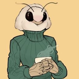 anthro beverage black_eyes clothed clothing compound_eyes female simple_background sweater tea topwear yellow_background sun_bug moth_girl_(sun_bug) arthropod insect lepidopteran moth 1:1 absurd_res hi_res portrait sketch
