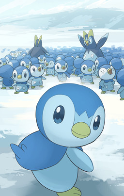 ambiguous_gender beak blue_body blue_eyes blue_feathers eyes_closed feathers feral group looking_at_viewer open_beak open_mouth size_difference snow hakkentai_pkdn nintendo pokemon avian bird generation_4_pokemon penguin piplup pokemon_(species) prinplup 2026 hi_res