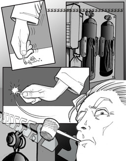 5_fingers fingers human_only imminent_death iv_drip lit_match male match not_furry oh_fuck oh_shit onomatopoeia oxygen_tank smoking_pipe sound_effects text chris_fischer human mammal comic english_text hi_res