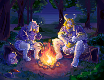 anthro beard blonde_hair campfire candy clothed clothing confusion delta_rune_(emblem) dessert diaper duo eyes_closed facial_hair female food forest fungus fur hair horn laugh log long_ears male male/female marshmallow mushroom night plant question_mark shirt shrub sitting soiled_diaper sweater symbol text topwear tree unclean_diaper used_diaper wearing_diaper wetness_indicator white_body white_fur wood hammockcowboy undertale undertale_(series) asgore_dreemurr toriel boss_monster_(undertale) english_text hi_res
