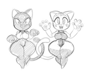 3_eyes anthro bell black_body black_fur blush blush_stickers breasts clothing collar entwined_tails evil_grin female fur happy leotard multi_eye open_mouth pawpads sharp_teeth smile spiral spread_arms tail tail_coil teeth thick_thighs white_body white_fur tansau kuro_(tansau) shiro_(tansau) felid feline felis mammal monochrome sketch