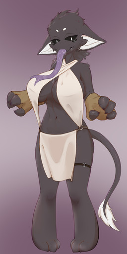 4_eyes abs anthro arm_tuft black_sclera bodily_fluids bottomwear breasts claws cleavage clothed clothing cute_fangs eyebrows fangs female fingerless_gloves forked_tongue fully_clothed gloves gradient_background grey_body hair handwear inner_ear_fluff loincloth long_tail long_tongue messy_hair multi_eye saliva saliva_string shoulder_tuft simple_background solo tail tail_tuft teeth tongue tuft white_eyebrows white_inner_ear_fluff ovo019 unknown_species colored colored_line_art hi_res