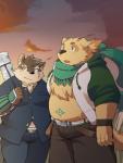 anthro belly bottomwear clothed clothing duo fur humanoid_hands male navel overweight overweight_male pants scar scarf yellow_body yellow_fur ayame42612 lifewonders tokyo_afterschool_summoners cu_sith_(tas) moritaka_(tas) canid canine canis domestic_dog mammal 2017