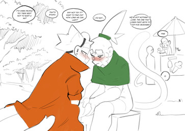 anthro blush bottomless clothed clothing dialogue duo male simple_background sitting speech_bubble text white_background sincastermon bloons_tower_defense ninja_kiwi no_nut_november alchemist_(bloons) druid_(bloons) strych_(sincastermon) vanilla_(sincastermon) haplorhine mammal monkey primate english_text hi_res meme