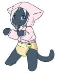 ambiguous_gender anthro black_body black_fur blue_eyes clothed clothing diaper fur hair hoodie looking_at_viewer paws pink_clothing pink_hoodie pink_topwear simple_background solo standing topwear wearing_diaper white_background white_body white_fur white_hair young young_anthro rugia1992 domestic_cat felid feline felis mammal 2014