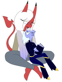 back_wings blue_body blue_skin book boots clothed clothing crossed_legs duo eye_contact facial_hair feathered_wings feathers female footwear hair holding_book holding_object horn larger_female long_tail looking_at_another male male/female mustache pink_eyes red_body red_skin shoes sitting size_difference smaller_male spade_tail tail white_hair wings yellow_sclera cowboyncanary hellaverse helluva_boss fan_character striker_(helluva_boss) angel angel_humanoid demon demon_humanoid humanoid succubus colored flat_colors hi_res