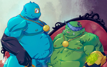1_eye anthro belly biceps chair duo flaccid fur furniture genitals green_body green_fur jewelry male male/male musclegut muscular necklace nipples pecs penis penis_base tusks yukimushi6 lifewonders tokyo_afterschool_summoners water_baron wood_baron cyclops humanoid hi_res