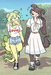 anthro blush bottomwear choker clothed clothing duo female green_hair hair hair_bun hand_holding heart_symbol jewelry looking_away necklace skirt spiked_tail spikes spikes_(anatomy) tail walking yellow_body hannah_daigle beastars cavemanon_studios goodbye_volcano_high snoot_game juno_(beastars) stella_(gvh_beta) canid canine canis dinosaur mammal ornithischian prehistoric_species reptile scalie stegosaurian stegosaurus thyreophoran wolf compression_artifacts crossover hi_res