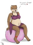 anthro ball belly belly_tattoo big_belly clothing dialogue exercise_ball female pregnant pregnant_anthro pregnant_female sitting sitting_on_ball solo tattoo text geckoguy123456789 mammal mustelid otter english_text