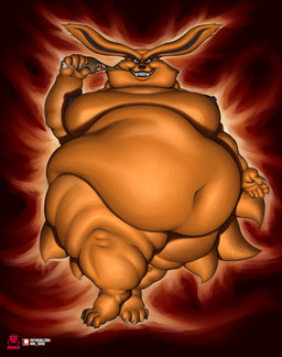 anthro belly big_belly eating food fur logo male meat moobs nipples nude obese obese_male orange_body orange_fur overweight overweight_male red_eyes solo text weight_gain aruberu naruto kurama canid canine fox mammal artist_logo artist_name hi_res url