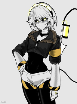 black_sclera breasts clothed clothing female hair hazard_stripes headgear headwear machine mechanical_arm not_furry short_hair solo tail white_body yellow_eyes m4skedboi glitch_productions murder_drones v_(murder_drones) android disassembly_drone humanoid robot robot_humanoid tailed_humanoid absurd_res hi_res
