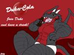 anthro black_body black_scales bulge drinking duka_cola happy horn male membrane_(anatomy) membranous_wings muscular muscular_anthro muscular_male open_mouth red_body red_scales scales simple_background solo tail text wings yellow_eyes asgoody bad_dragon mythology duke_(bad_dragon) dragon mythological_creature mythological_scalie scalie 4:3 english_text