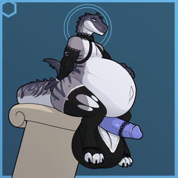 accessory anthro armwear balls big_balls big_penis black_clothing black_legwear black_thigh_highs blue_penis choker clothing column erection frilly frilly_accessory genitals grey_body hand_on_own_belly huge_balls huge_penis humanoid_genitalia humanoid_hands humanoid_penis hyper hyper_balls hyper_genitalia hyper_penis hyper_pregnancy jewelry legwear looking_at_viewer male navel necklace outie_navel penis pregnant pregnant_anthro pregnant_male sitting solo tail thigh_highs torn_armwear torn_clothing torn_thigh_highs white_body bastiel mayternity mayternity_2026 dinosaur prehistoric_species reptile scalie 2026 digital_drawing_(artwork) digital_media_(artwork) english_description hi_res
