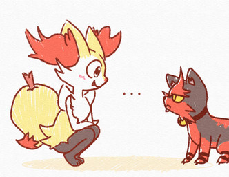 3_toes ambiguous_anthro ambiguous_feral ambiguous_gender anthro arm_tuft bell bell_collar biped black_body black_fur black_nose blush cheek_tuft chest_tuft claws collar crouching cute_fangs digitigrade dipstick_tail duo ellipsis eye_contact facial_tuft fangs feet feral frown fur hip_tuft inner_ear_fluff looking_at_another markings multicolored_body multicolored_fur nude_ambiguous nude_anthro object_in_tail orange_body orange_fur orange_inner_ear_fluff orange_nose orange_tail_tip quadruped red_body red_fur shoulder_tuft side_view simple_background smile snout standing stick stick_in_tail tail tail_markings teeth textured toes tuft two_tone_tail white_background white_body white_fur yellow_body yellow_fur yellow_sclera yellow_tail stubbypubby nintendo pokemon braixen canid felid generation_6_pokemon generation_7_pokemon mammal pokemon_(species) torracat 2022 colored digital_drawing_(artwork) digital_media_(artwork) flat_colors hi_res