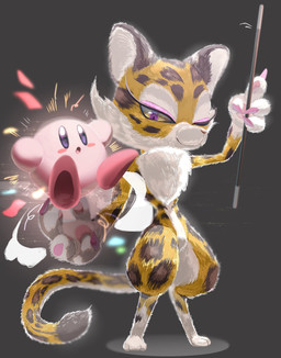 ambiguous_gender anthro biped blush blush_stickers brown_body brown_fur claws countershading digitigrade dipstick_tail duo eyeshadow female floating fluffy_body fur glistening glistening_body glistening_fur gloves_(marking) grey_background handpaw holding_another holding_wand leg_markings looking_at_another magic_trick makeup markings motion_lines multicolored_body multicolored_fur one_eye_closed open_mouth pawpads paws pink_body pink_claws pink_eyeshadow pink_pawpads pupils purple_eyes raised_arm red_body simple_background smile smoke socks_(marking) sparkles sparkling_eyes spots spotted_body spotted_fur spotted_markings spotted_tail standing surprised tail tail_markings three-quarter_view white_body white_fur white_pupils yellow_body yellow_fur yellow_sclera zakobennki kirby_(series) nintendo clawroline kirby alien felid leopard mammal pantherine waddling_head 2025 digital_drawing_(artwork) digital_media_(artwork) hi_res male_(lore)