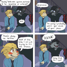 anthro black_clothing black_shirt black_topwear blue_eyes blush bottomwear brown_eyes cheek_blush clothing controller dialogue duo eye_contact fangs fur furniture grey_body grey_fur half-closed_eyes heart_symbol holding_controller holding_object holding_remote_control hoodie inside laugh living_room logo looking_at_another male narrowed_eyes nervous nervous_smile on_sofa open_mouth page_number pants remote_control sharp_teeth shirt sitting sitting_near_each_other sitting_on_sofa sofa speech_bubble spread_legs spreading teeth text topwear unimpressed yellow_body yellow_fur kriek_wildebeest jeremy_(kriek_wildebeest) tom_(kriek_wildebeest) border_collie canid canine canis collie domestic_dog herding_dog husky hybrid mammal nordic_sled_dog pastoral_dog sheepdog spitz wolf 1:1 artist_logo comic english_text hi_res multiple_scenes